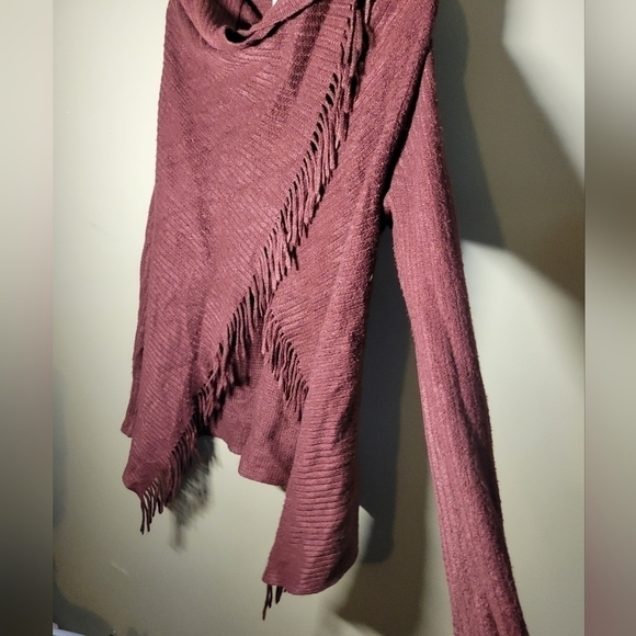 SUNG Alfred Sung xs fringed button up wrap style sweater burgundy boho - Picture 2 of 9